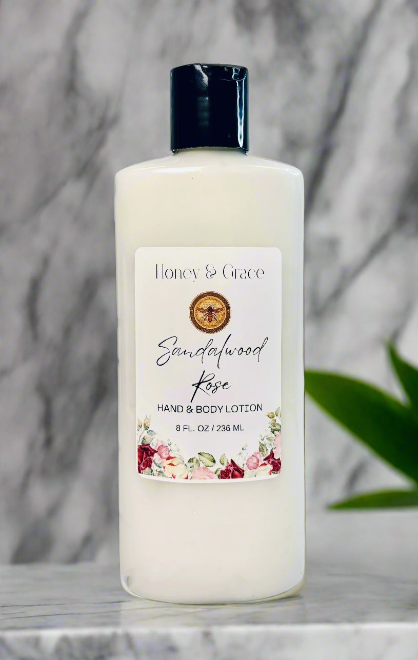 Honey and Grace Sandalwood Rose Hand and Body Lotion 8oz Honey and Grace Soap Co.